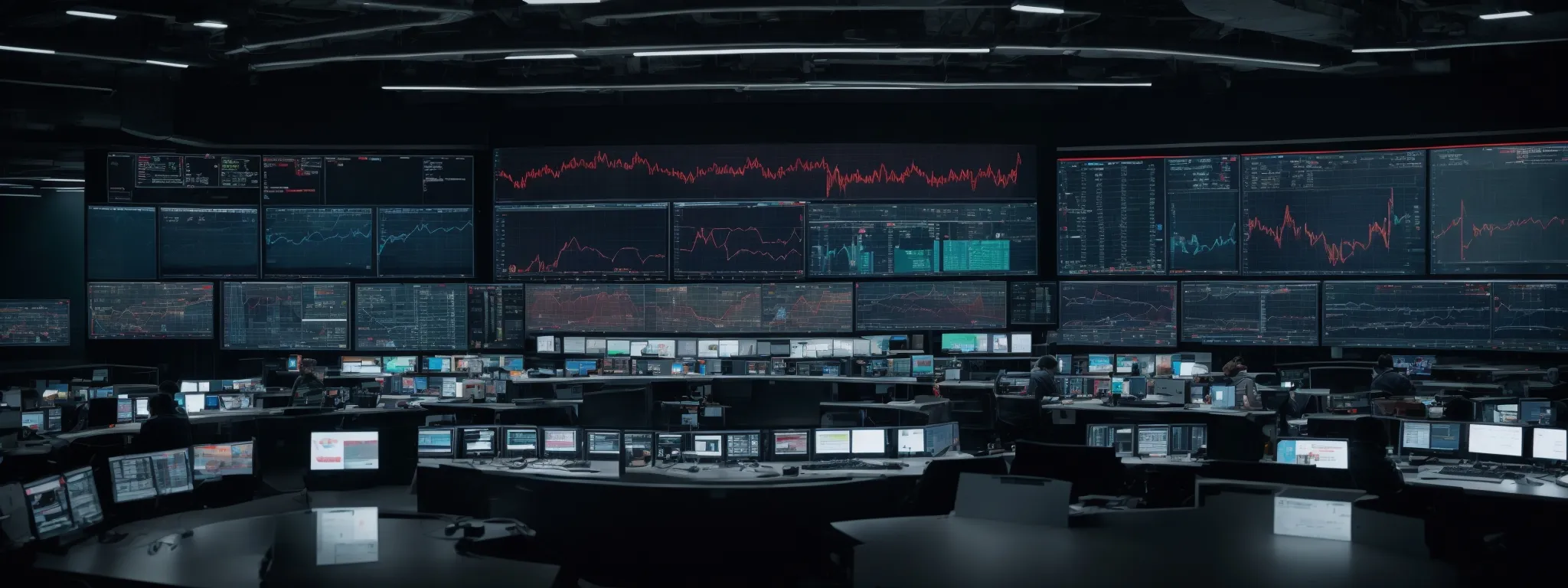 a high-tech control room with large screens displaying data analytics and marketing campaign metrics.
