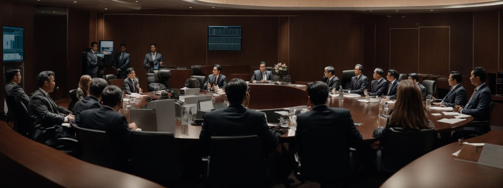 a conference table with professionals discussing charts and graphs.