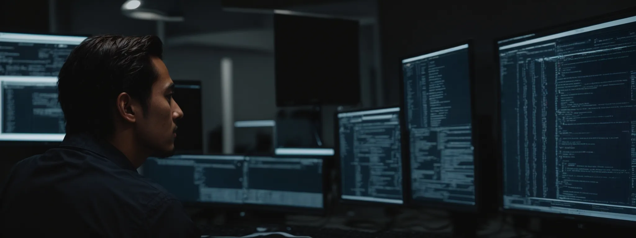 a web developer reviews backlink profiles on dual computer monitors, illustrating a strategic approach to seo link building.