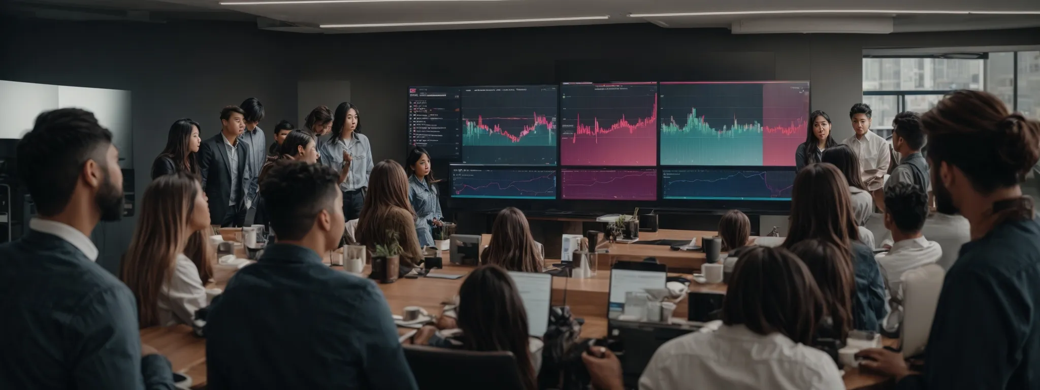 a marketing team gathers around a large screen displaying tiktok analytics and trends, planning their seo strategy.