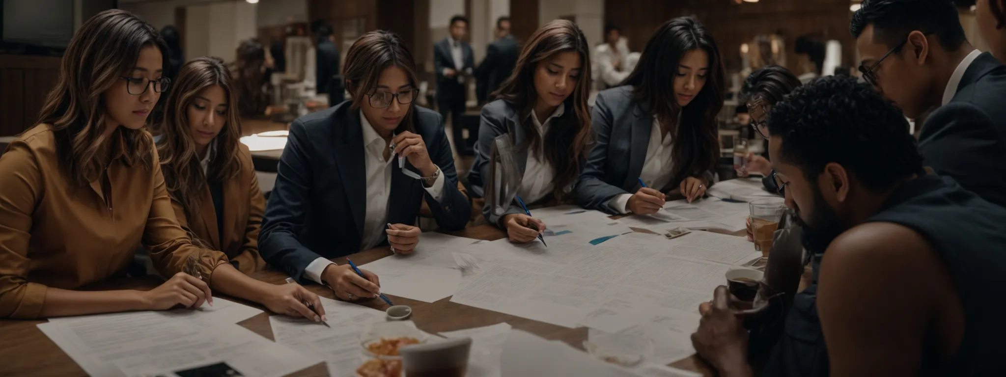 a diverse team of professionals gathering around a table, brainstorming over a large marketing strategy blueprint.