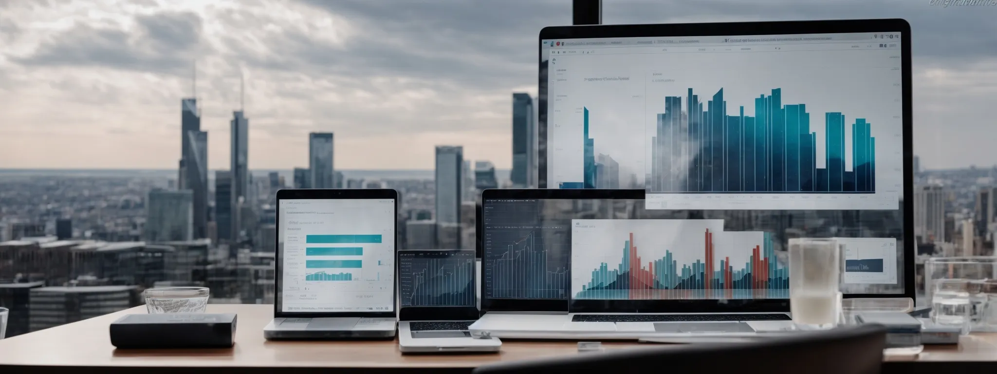 a laptop displaying charts and graphs next to a smartphone with an open analytics app on a clean desk, with a panoramic view of a modern cityscape in the background.