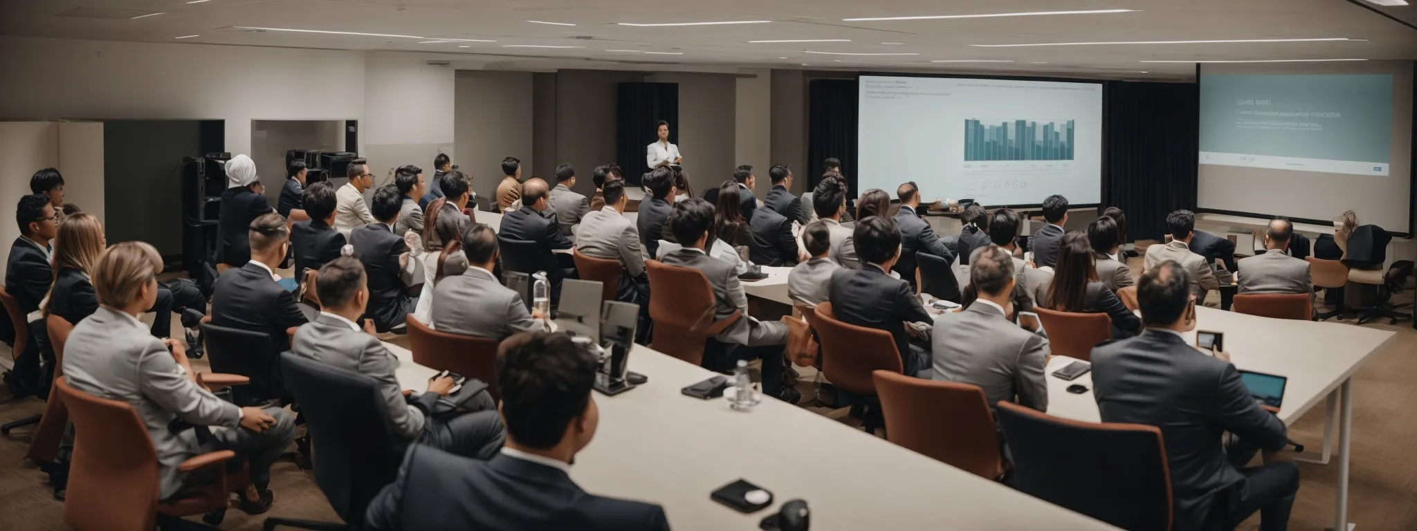 a speaker leads an interactive seo workshop with attentive professionals gathered in a modern conference room.