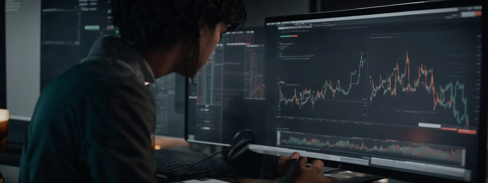 a person interacting with dynamic graphs and charts on a computer screen that signify website analytics and optimization.