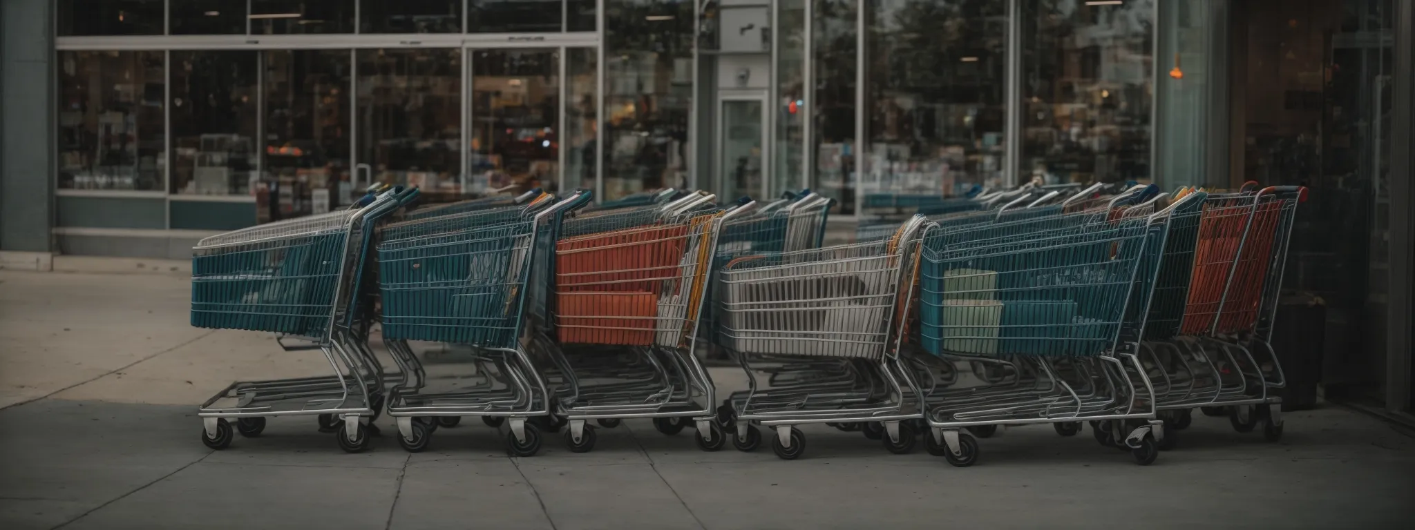 a cluster of shopping carts nestled outside a bustling, modern storefront.