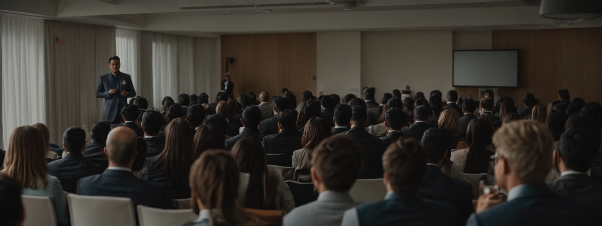 a speaker engages a captivated audience at a digital marketing seminar.