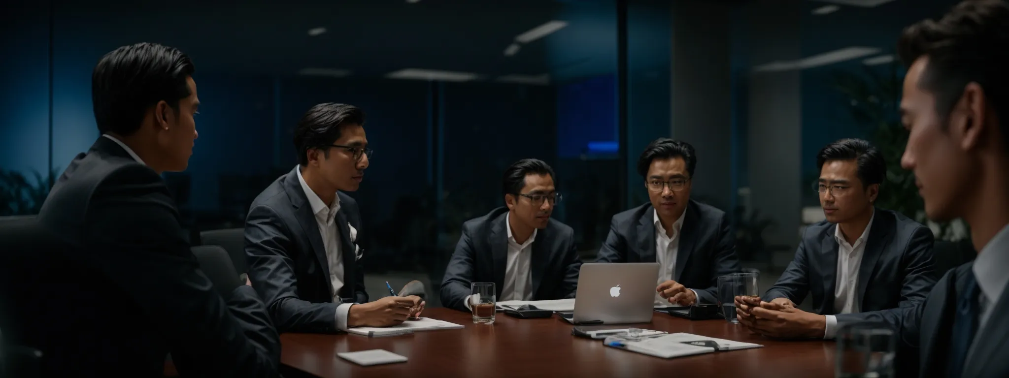a group of individuals engaging in a dynamic discussion around a conference table, illuminated by the glow of laptop screens.