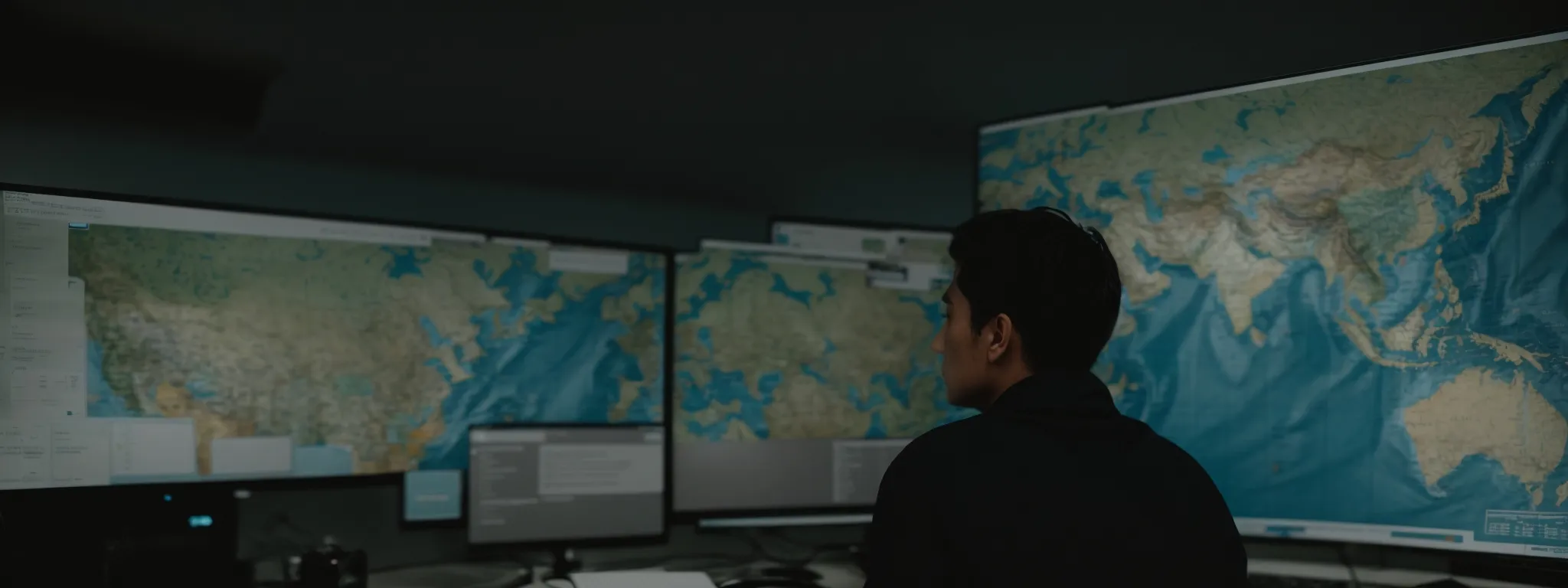 a web developer contemplating a world map while adjusting multilingual settings on a computer interface.