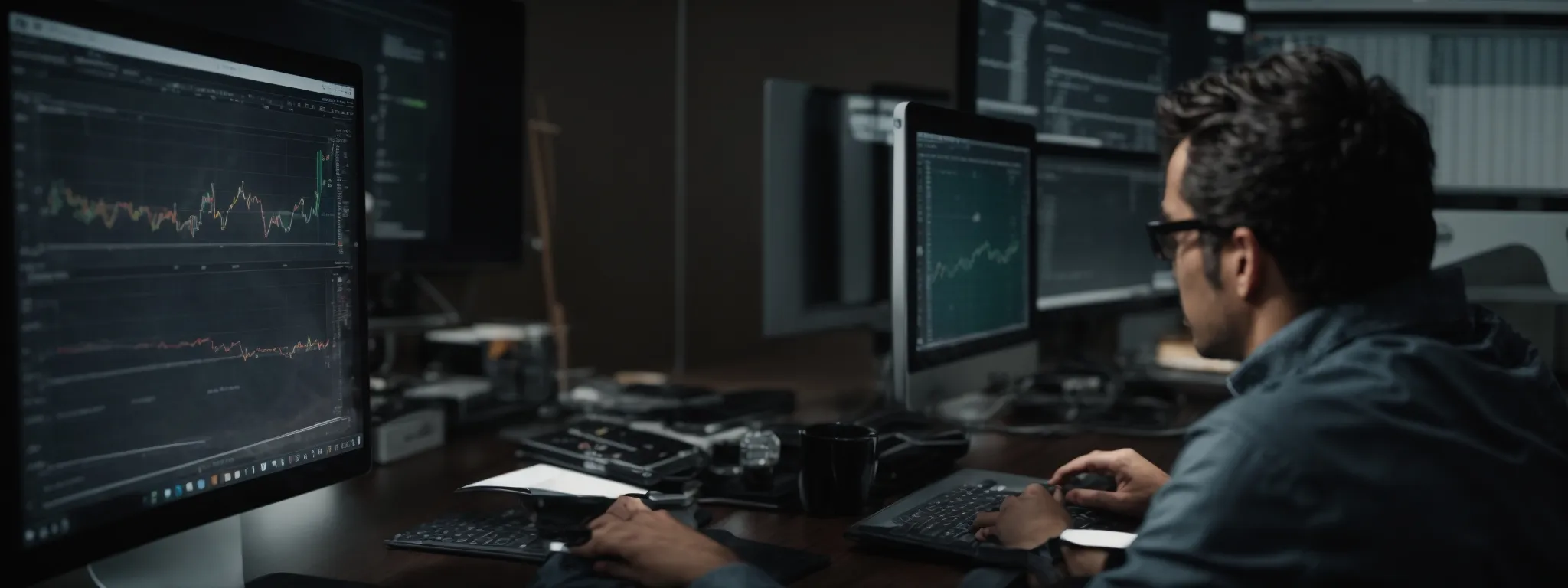a professional sitting at a computer analyzing charts and data on the screen about website performance.