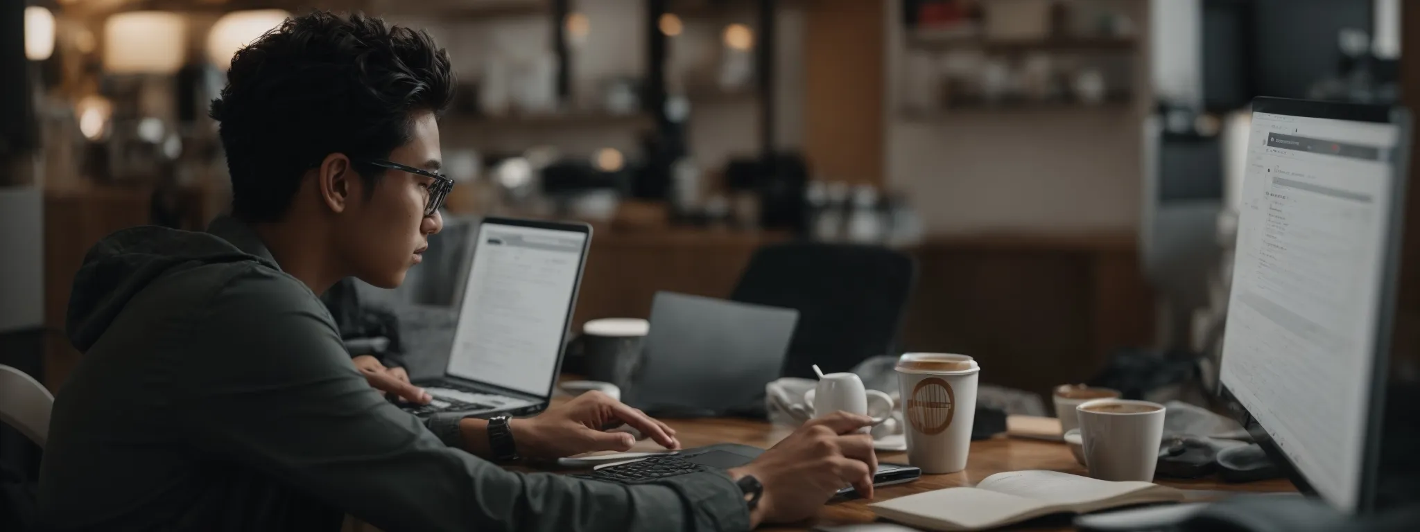 Focused person working on multiple laptops with coffee cups in a cozy café setting