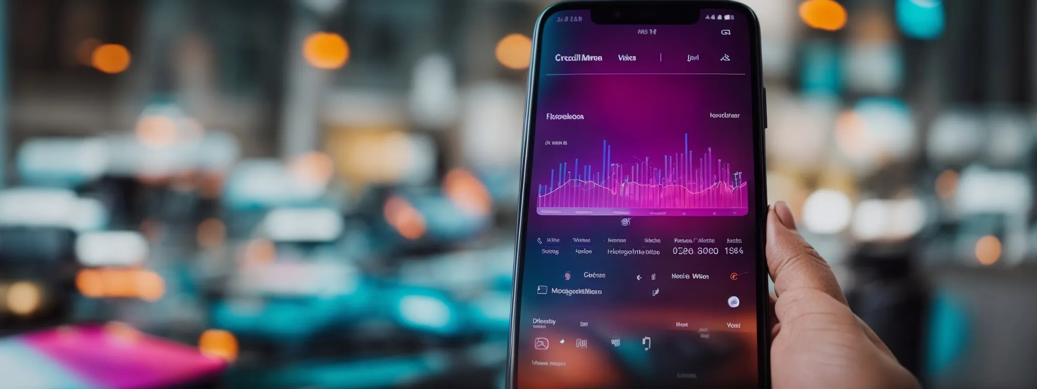 a smartphone displaying a creative social media profile with vibrant posts and a rising followers graph in the backdrop.