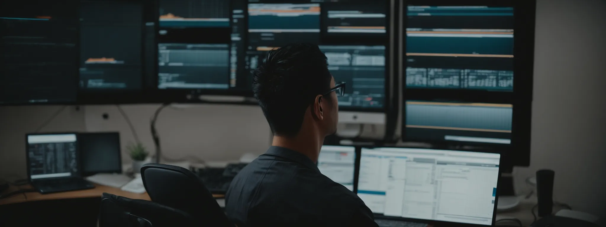 a developer sits in a modern, minimalistic office, programming seo strategies on a computer with a cloudflare workers interface.