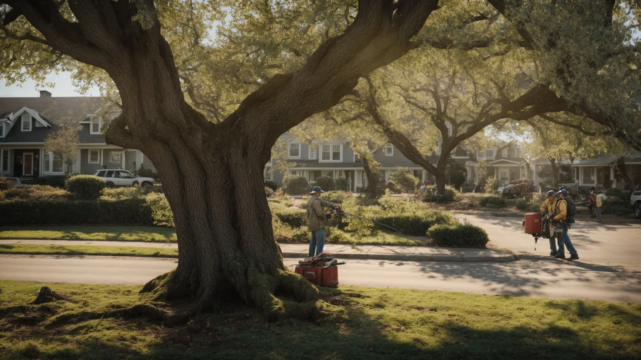 a local arborist trims branches on a large oak tree while a bustling community walks by on a sunny afternoon.