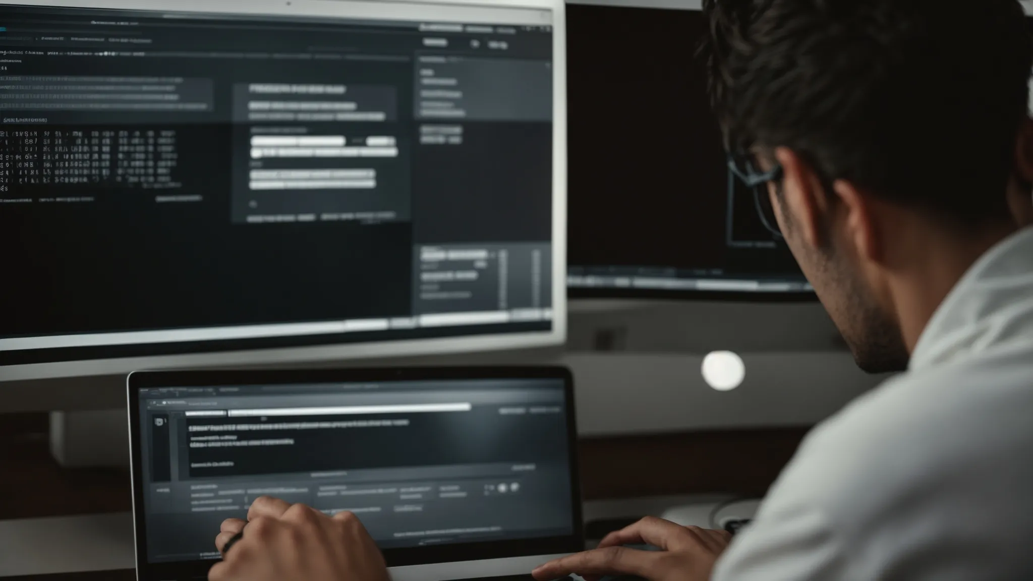 a person sitting at a computer, clicking on a virtual "submit" button on a search engine's webmaster tools page.