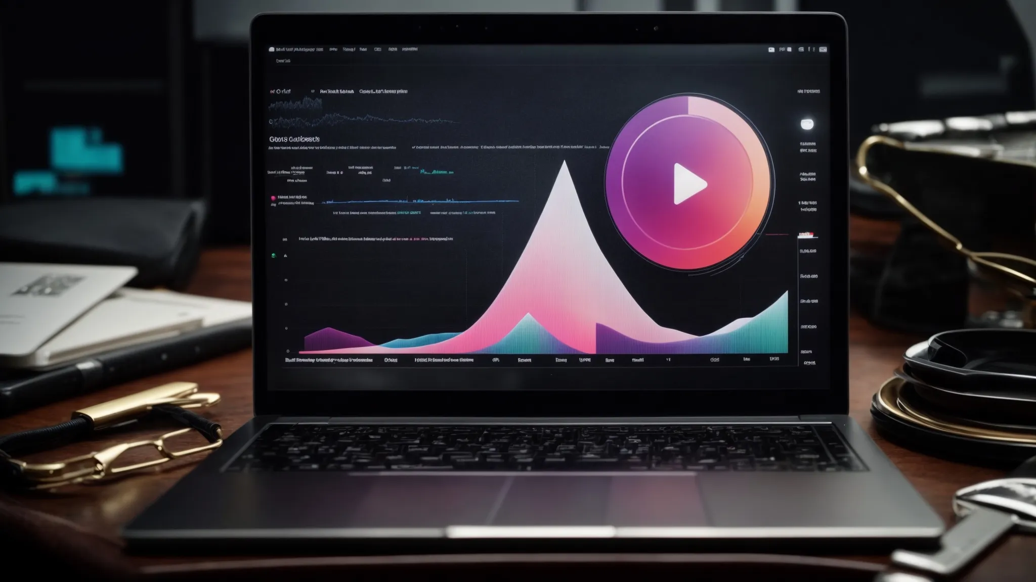 a laptop with a play button icon on the screen surrounded by charts and graphs indicating website traffic analysis.