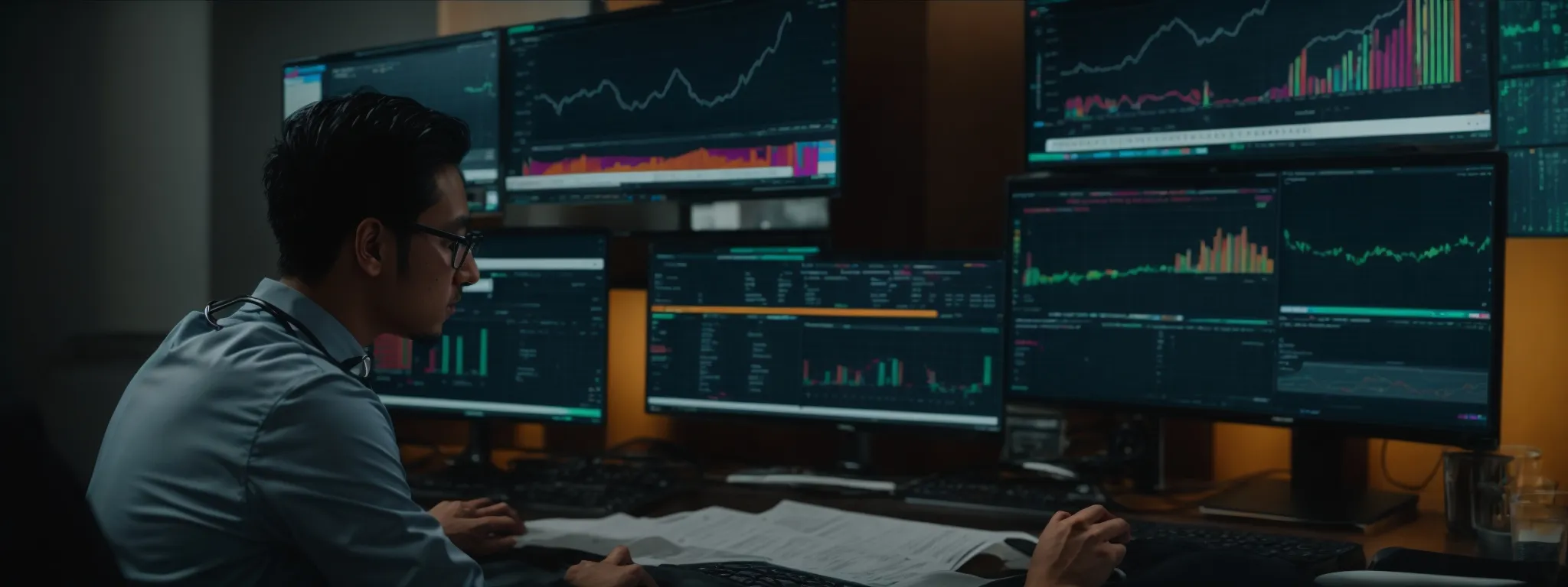 a healthcare seo expert examines a colorful dashboard displaying website traffic and backlink statistics on a computer screen.