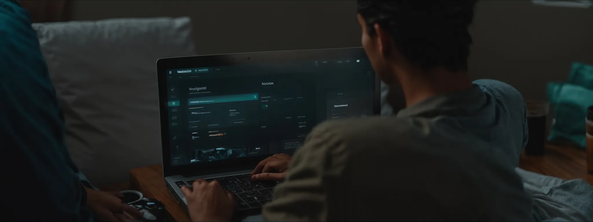 a person sitting with a laptop open to a social media management dashboard, poised to schedule and share website content.