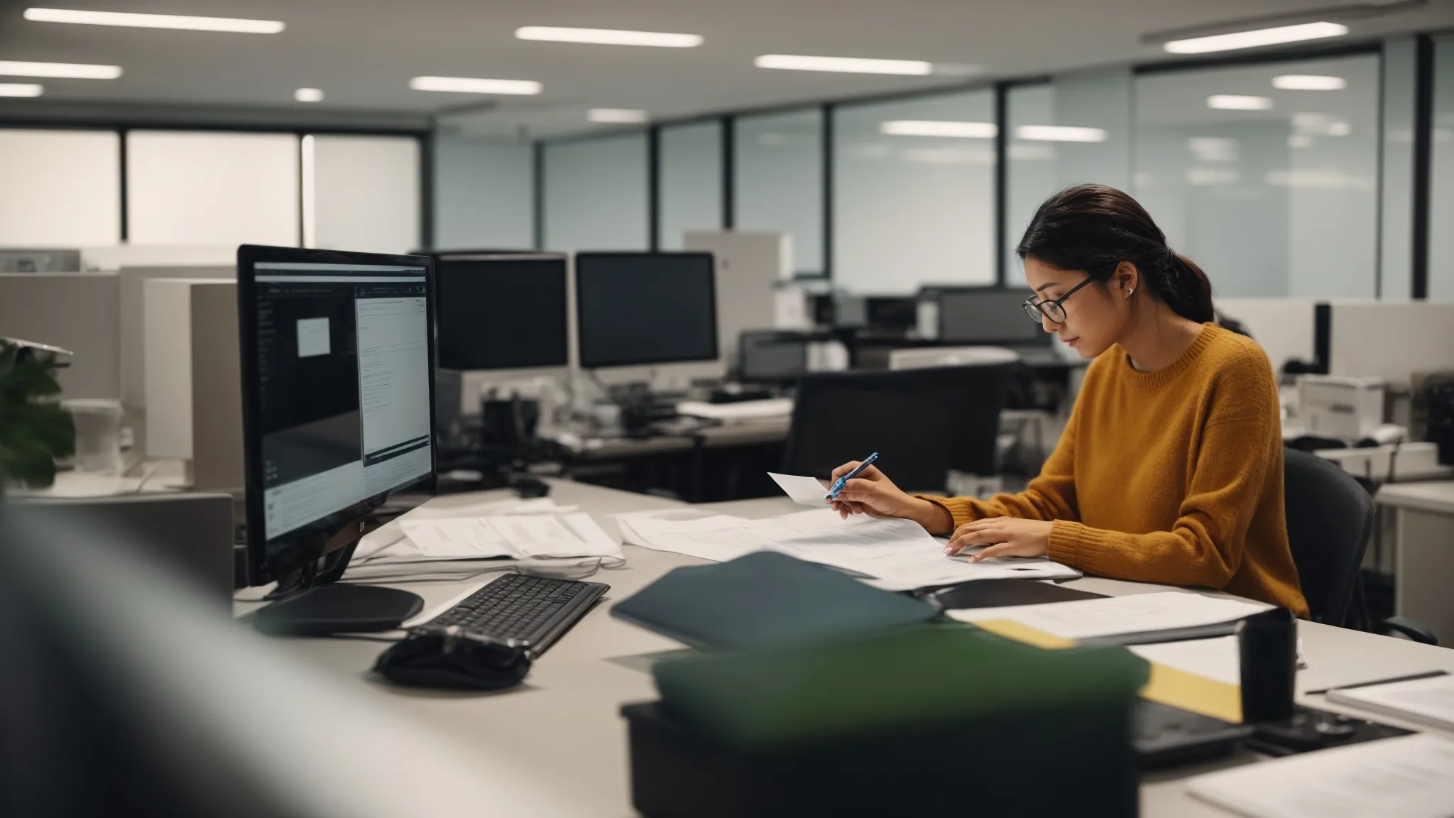 a person reviewing a document on a computer in a well-organized, bright office setting.