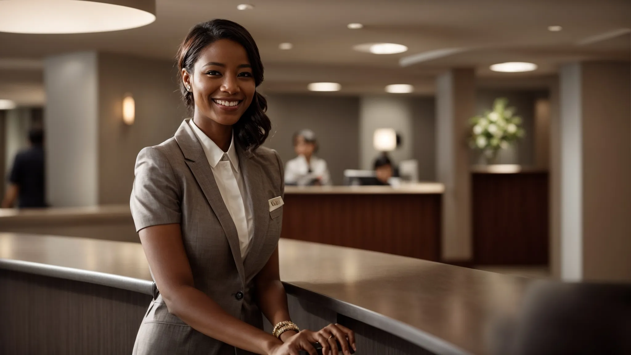 a hotel receptionist smiling warmly while welcoming guests as they approach the check-in desk.