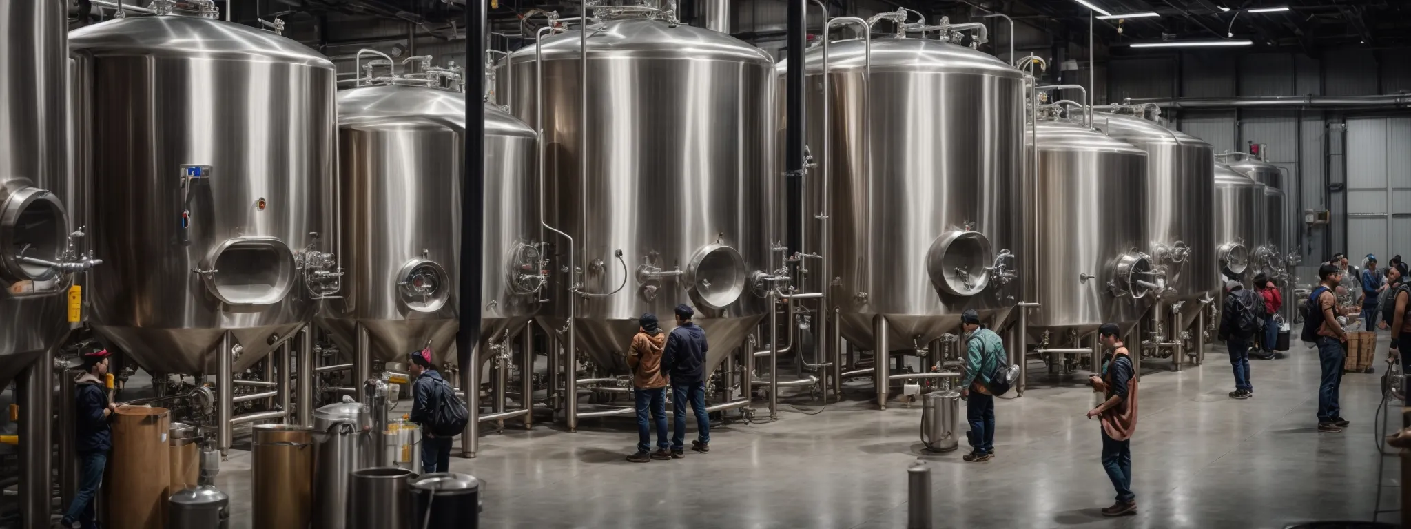 a bustling brewery with patrons enjoying craft beers amidst the backdrop of stainless steel fermentation tanks.