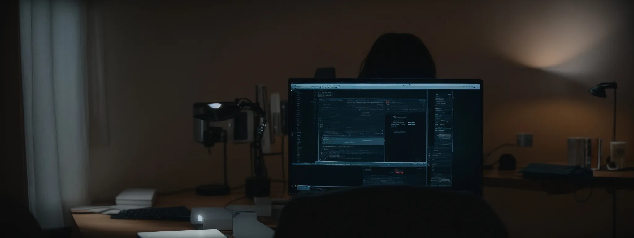 a person seated at a computer in a well-lit room, with a visible web search bar on the monitor.