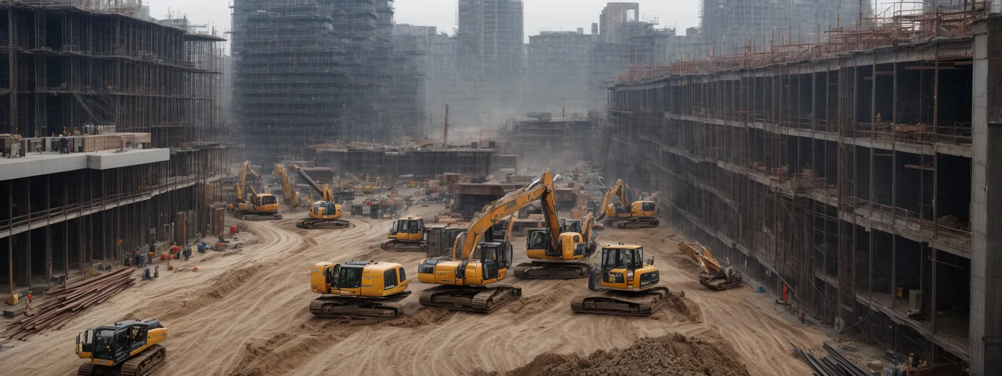 a panoramic view of an active construction site bustling with machinery and workers amidst towering structures.