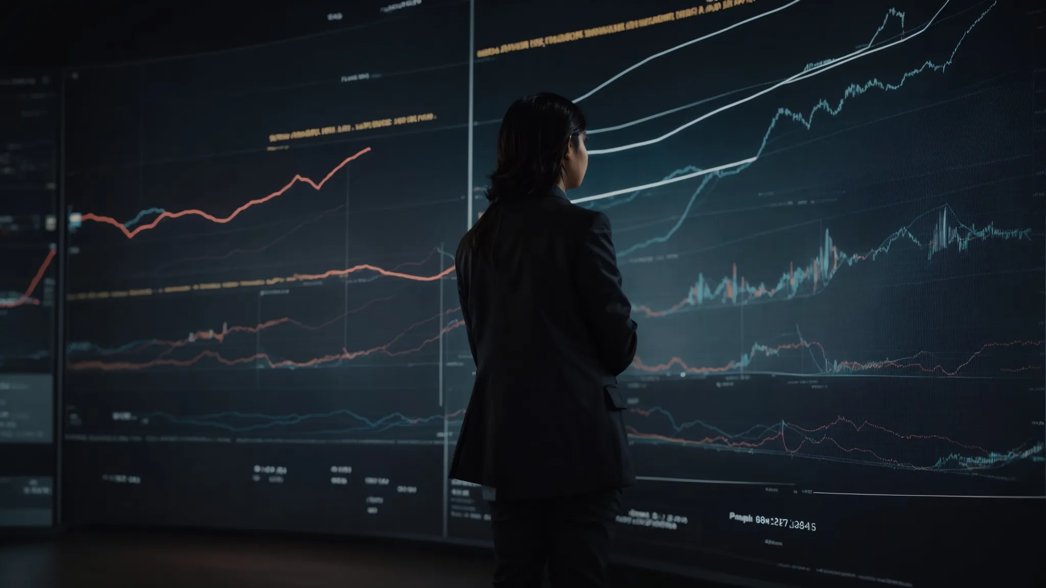 A person in a suit stands in front of large screens displaying various financial graphs and stock market data.