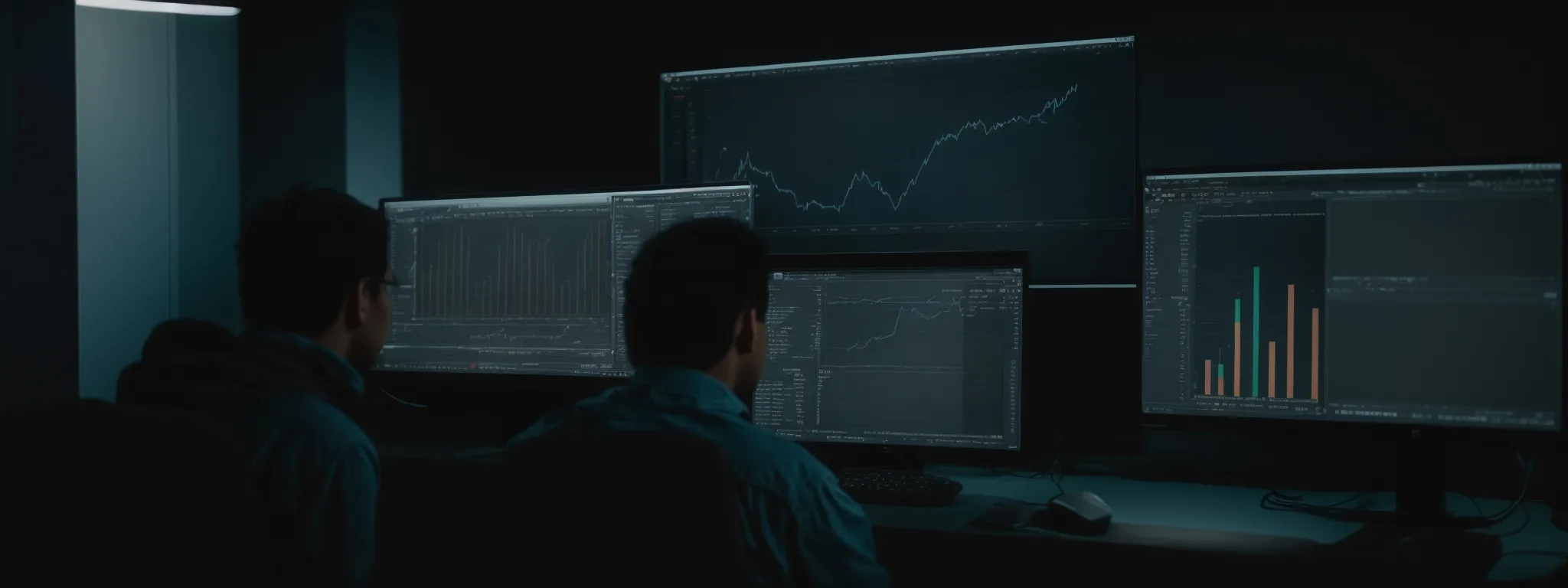 a person sitting at a computer analyzing charts and graphs on seo performance.