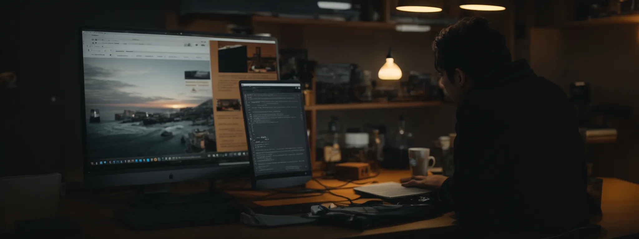 a person sitting at a computer, navigating through a website interface dedicated to publishing content online.
