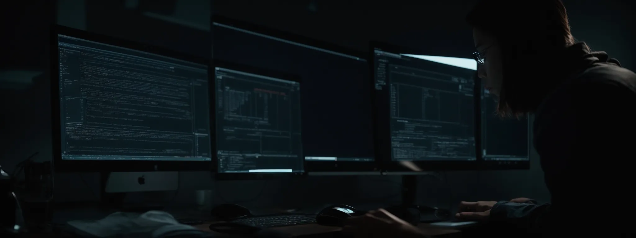 a web designer testing the appearance of a search engine page in dark mode on a computer screen.