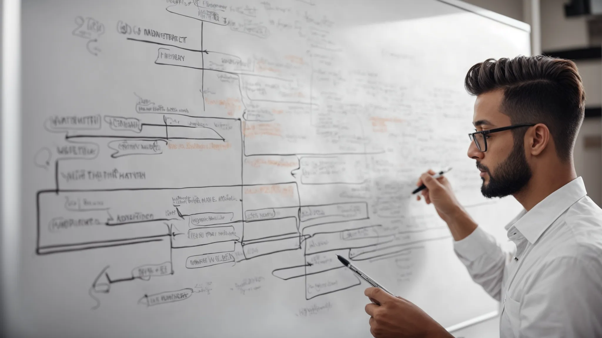 a marketer draws a flowchart on a whiteboard to plan a website's url hierarchy for optimal search engine visibility.