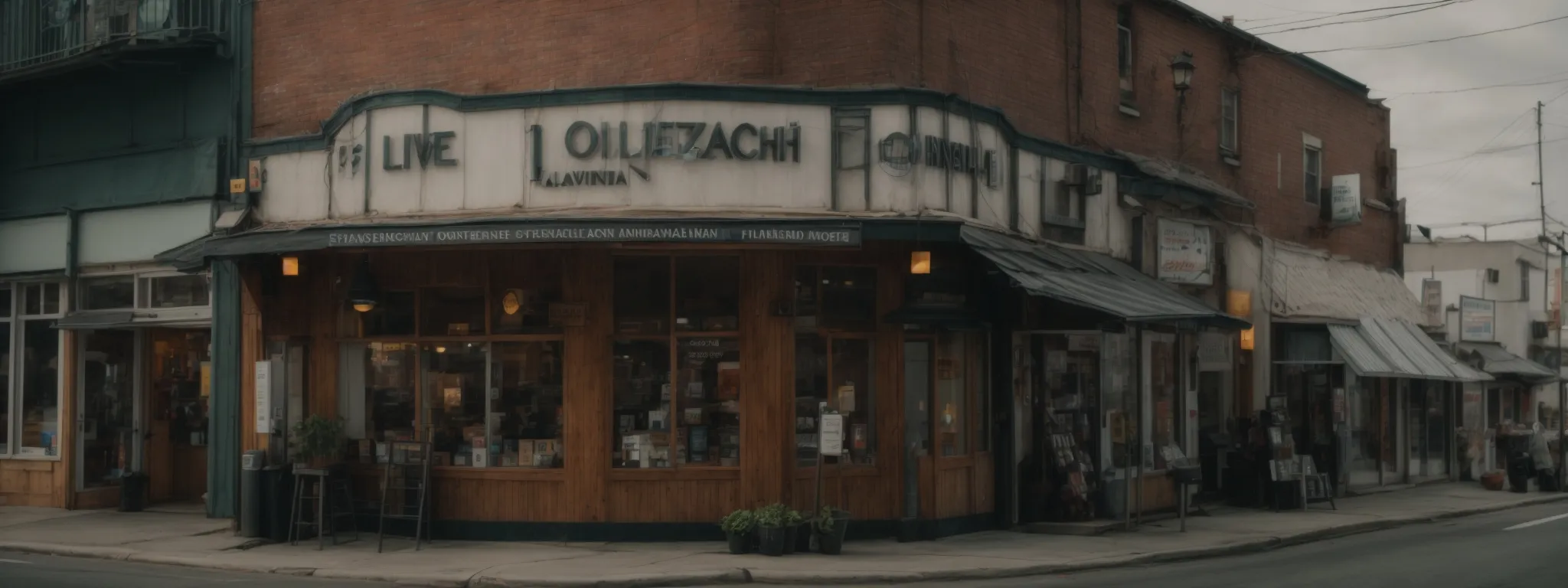 a storefront with a visible sign, surrounded by signposts pointing in various directions to symbolize local seo and outreach.