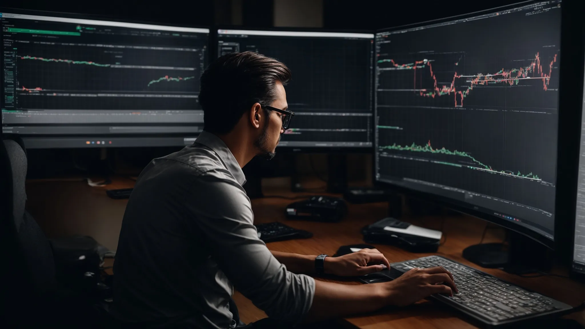 a web developer intently reviews metrics on a computer screen, showcasing graphs and charts for website performance optimization.