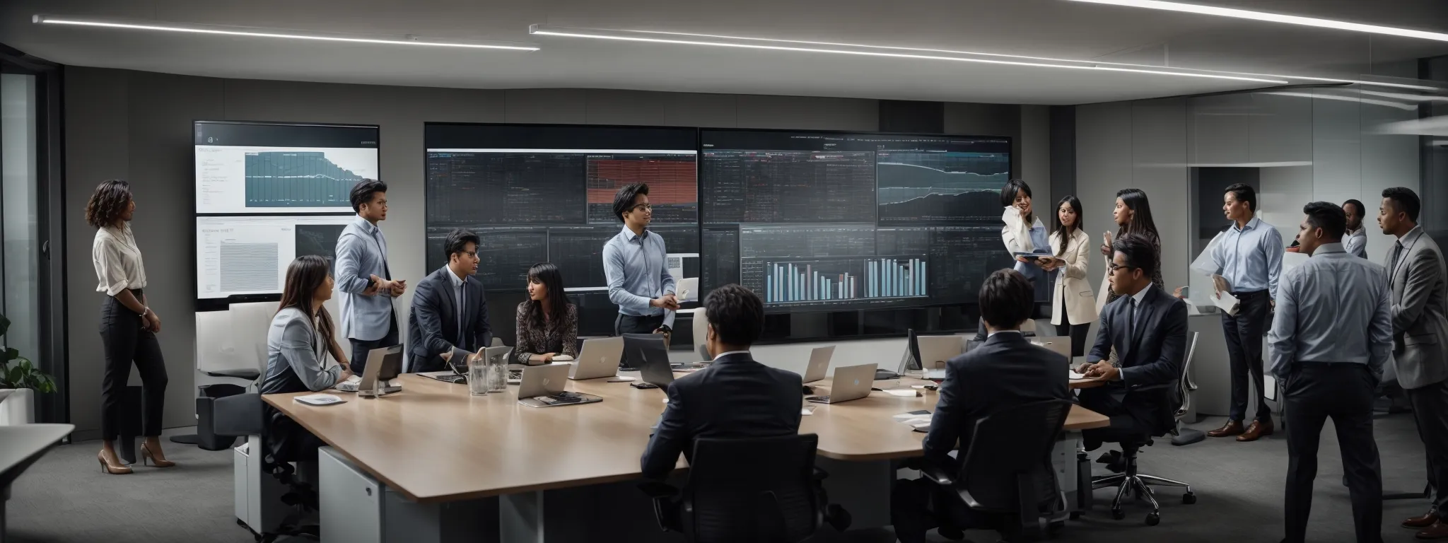 a modern office with a diverse group of professionals engaging in a collaborative meeting, discussing digital strategies around a large screen displaying the LinkGraph interface.