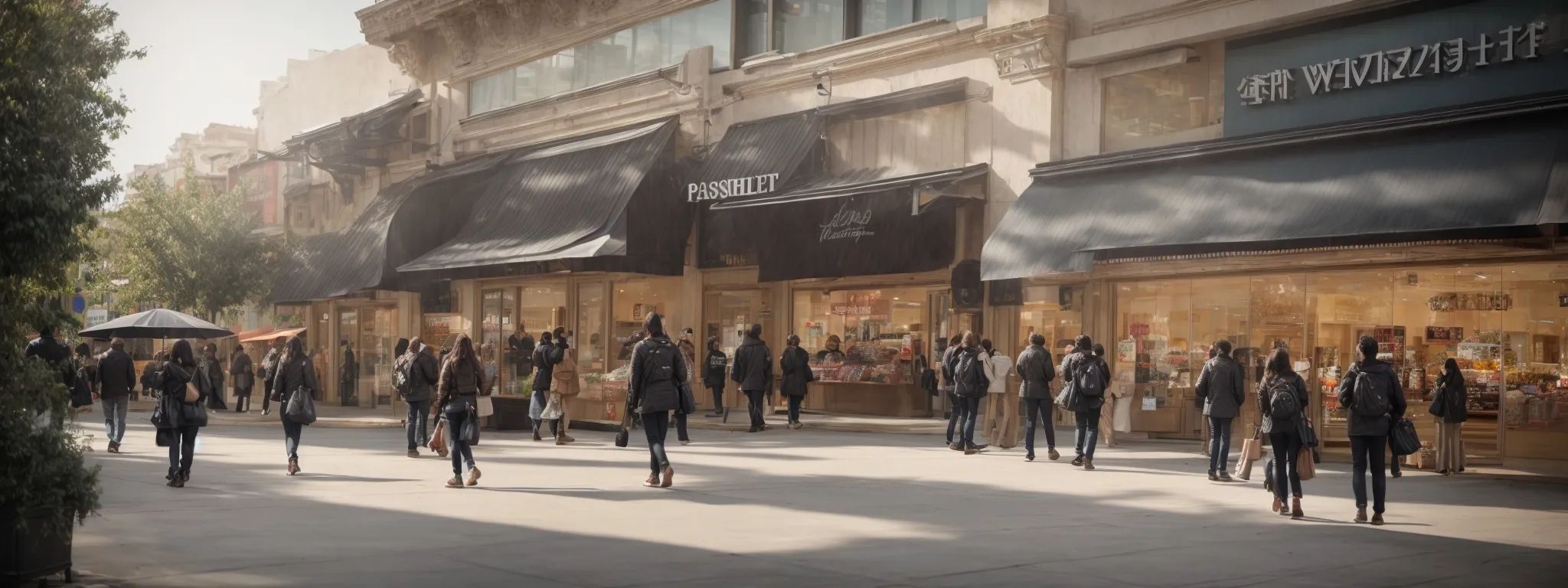a bustling shopping center with multiple franchise storefronts grabs the attention of passersby with prominent promotional displays.