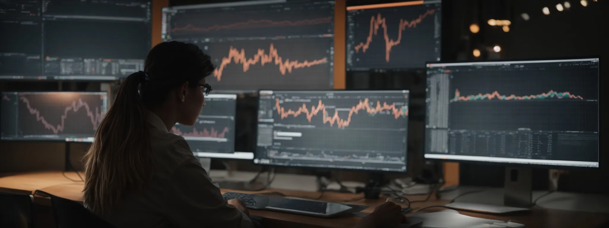 a person sitting at a modern desk with a laptop open to an email marketing platform dashboard, surrounded by analytical charts and a soft glow illuminating from the screen.