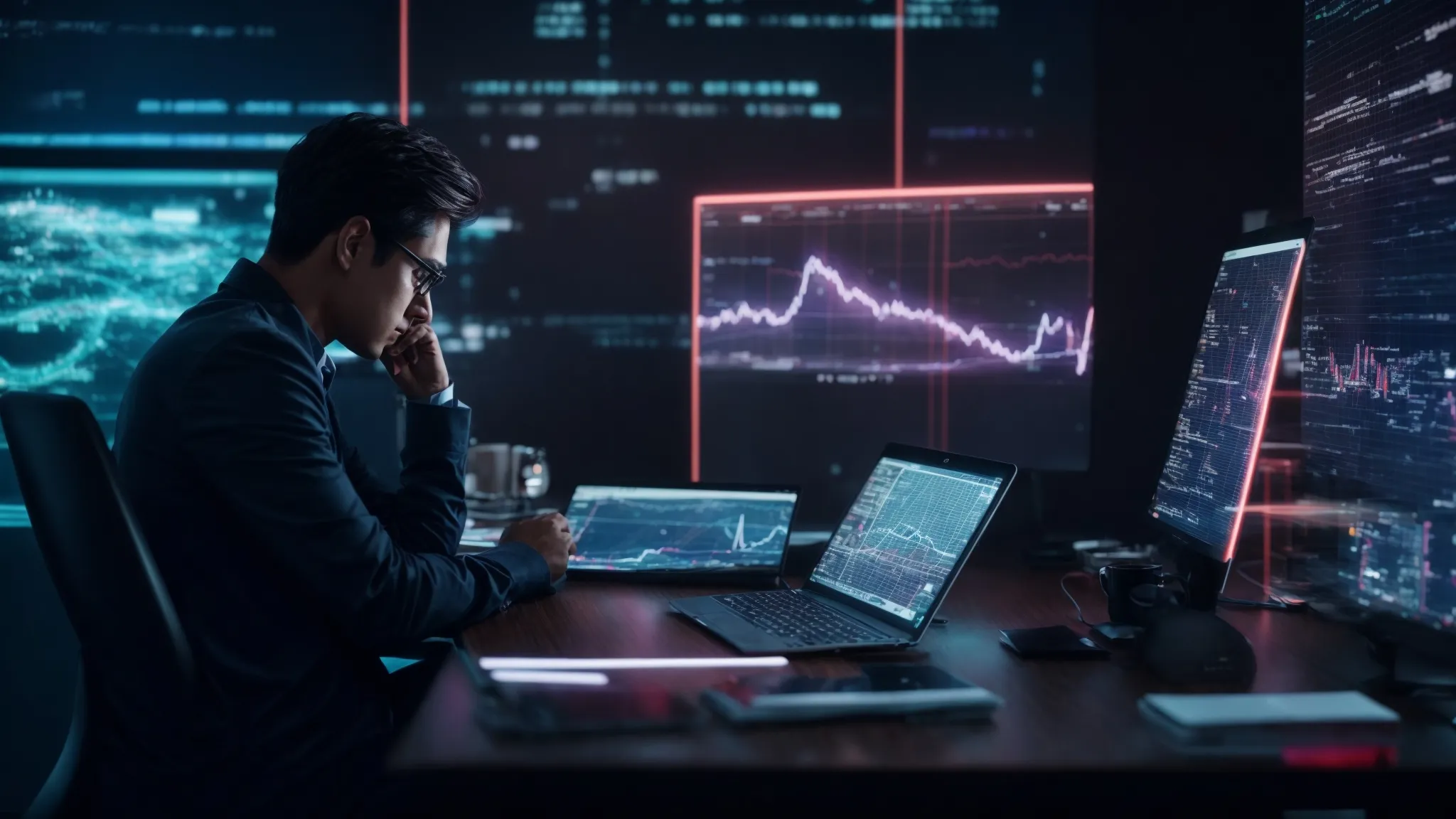 a person sitting at a modern desk, interacting with a futuristic holographic display showing graphs and web icons related to seo optimization.
