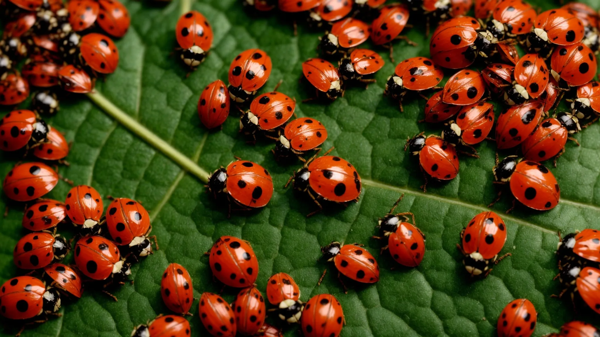 a cluster of ladybugs congregates on a leaf, symbolizing eco-friendly pest management techniques.
