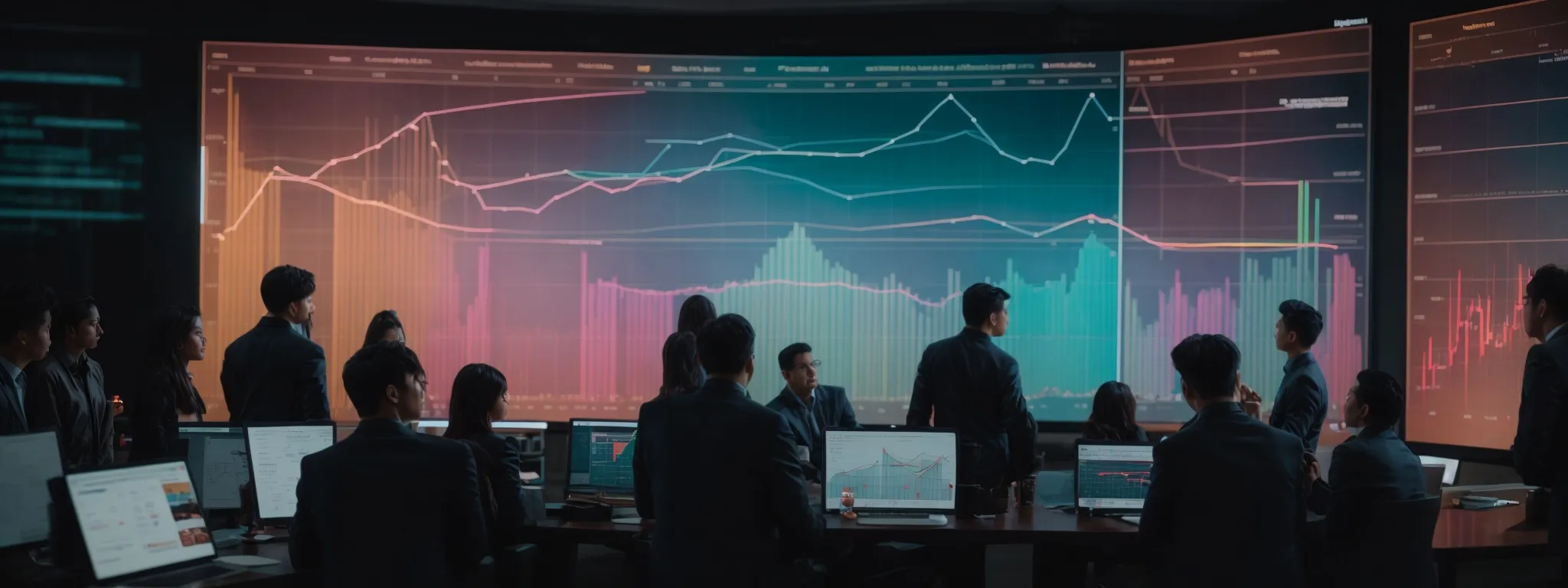 a team gathered around a large screen displaying colorful analytics charts, deeply engaged in discussion.
