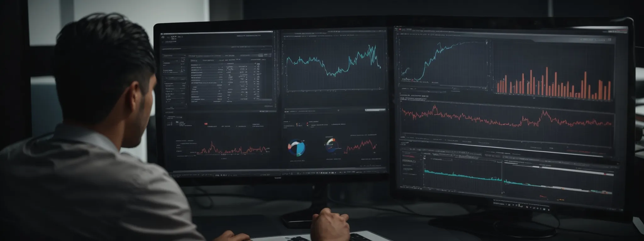 a digital marketing expert analyzes graphs on a computer screen, comparing website versions.