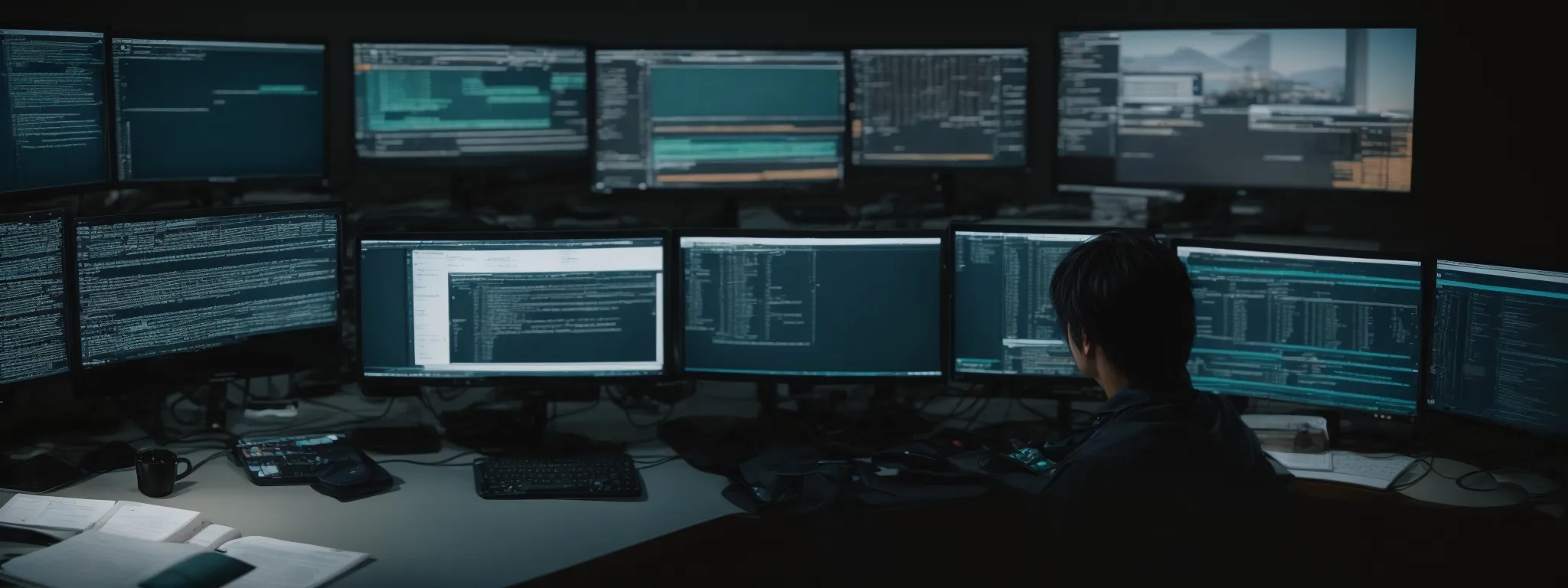 a web developer sitting at a desk with multiple computer screens, examining lines of code.