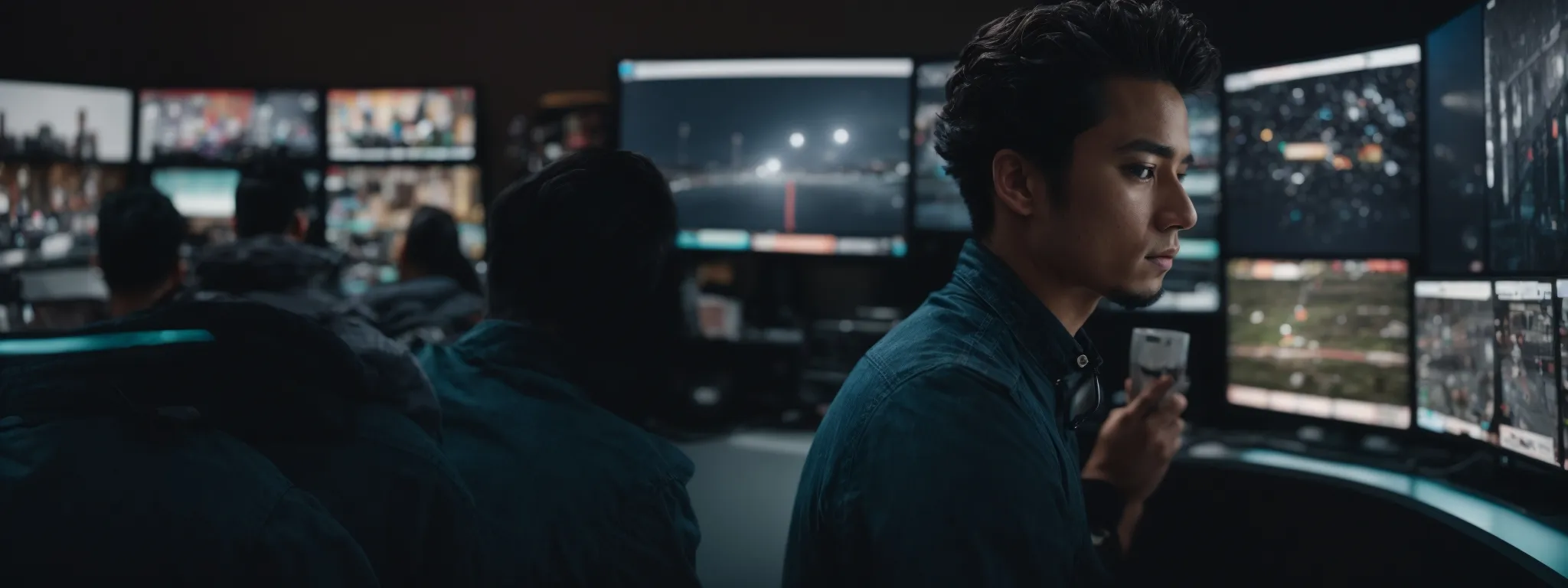 a focused individual, surrounded by multiple screens, collaboratively strategizing on social media campaigns.