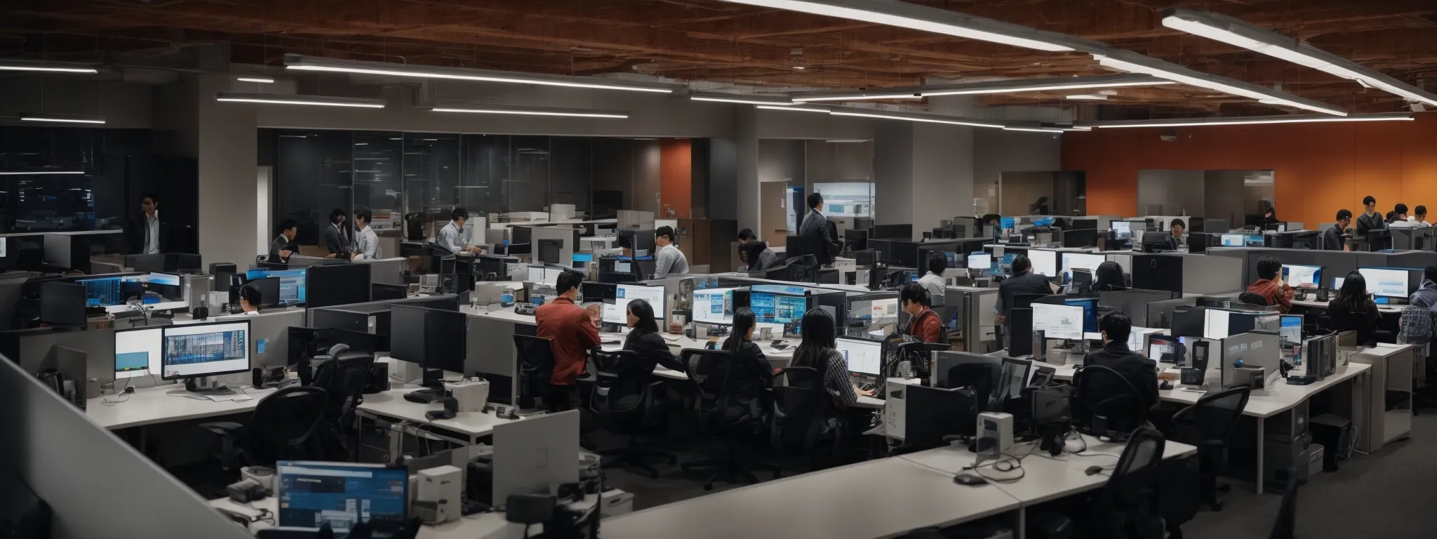a bustling digital marketing office space with team members discussing strategies around computers with social media analytics displayed on the screens.