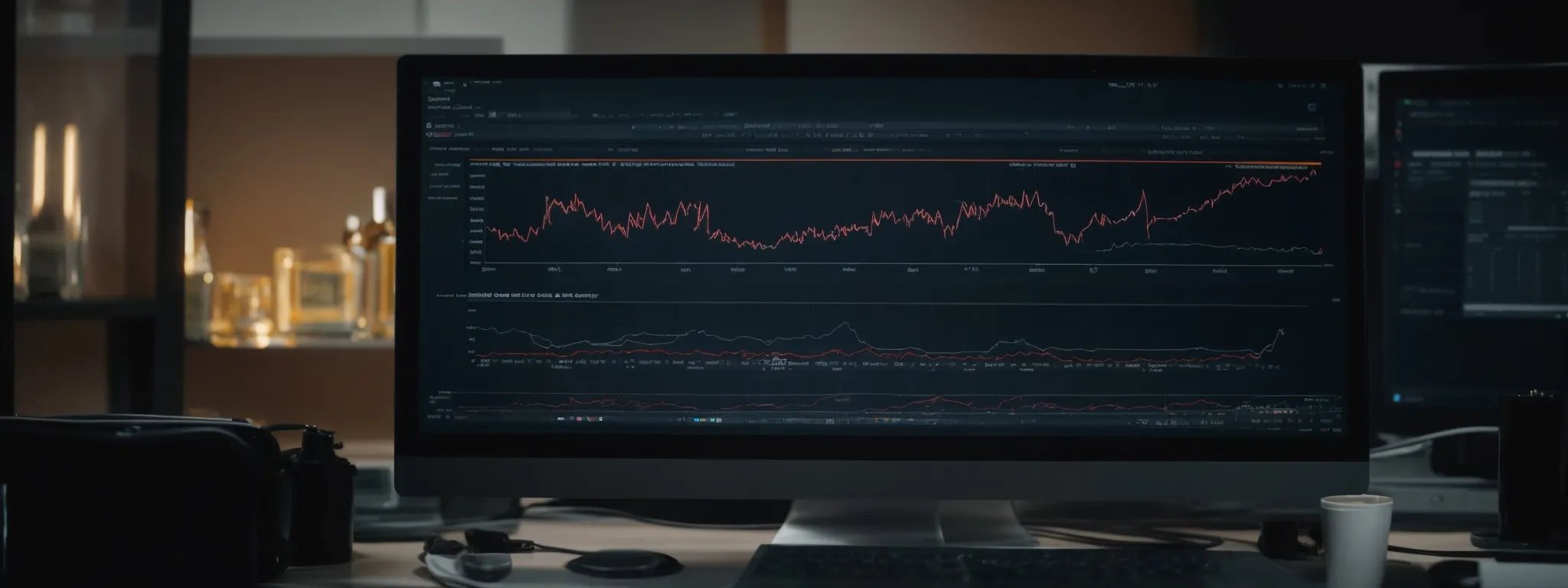 a computer screen displays analytics charts with a visible dip in performance, prompting a marketer to consider seo testing.