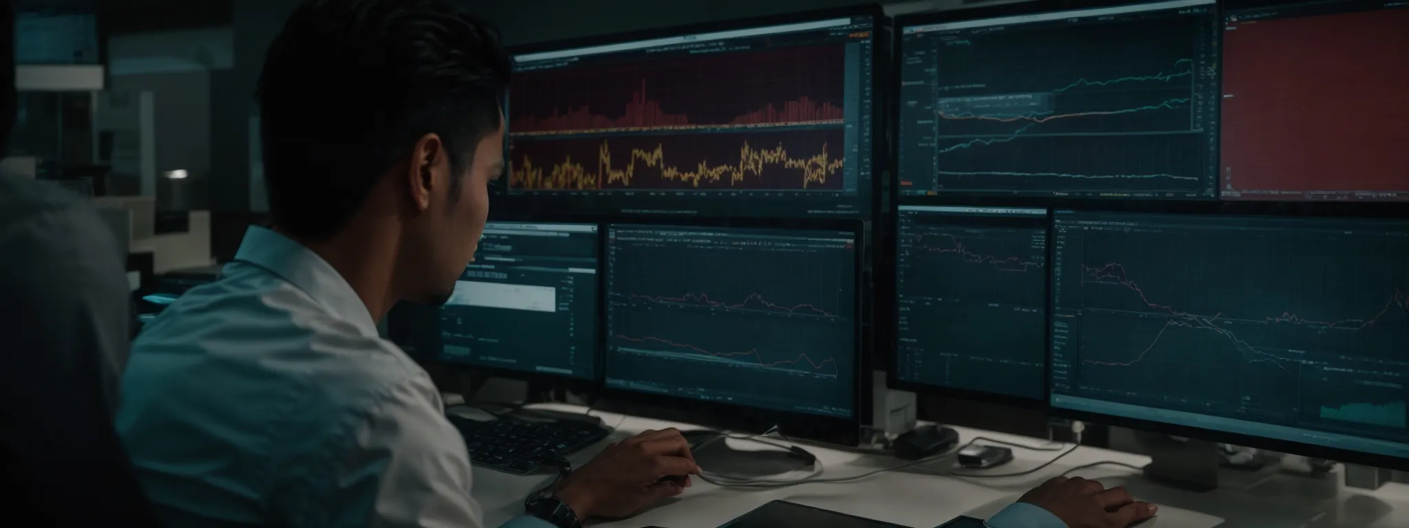 a marketer analyzing a data dashboard showing traffic sources and keyword performance on a computer screen.