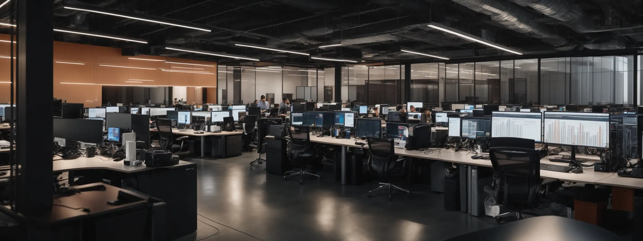 A modern, open-plan office with rows of desks and computer monitors, dim lighting, and several people working in the background.