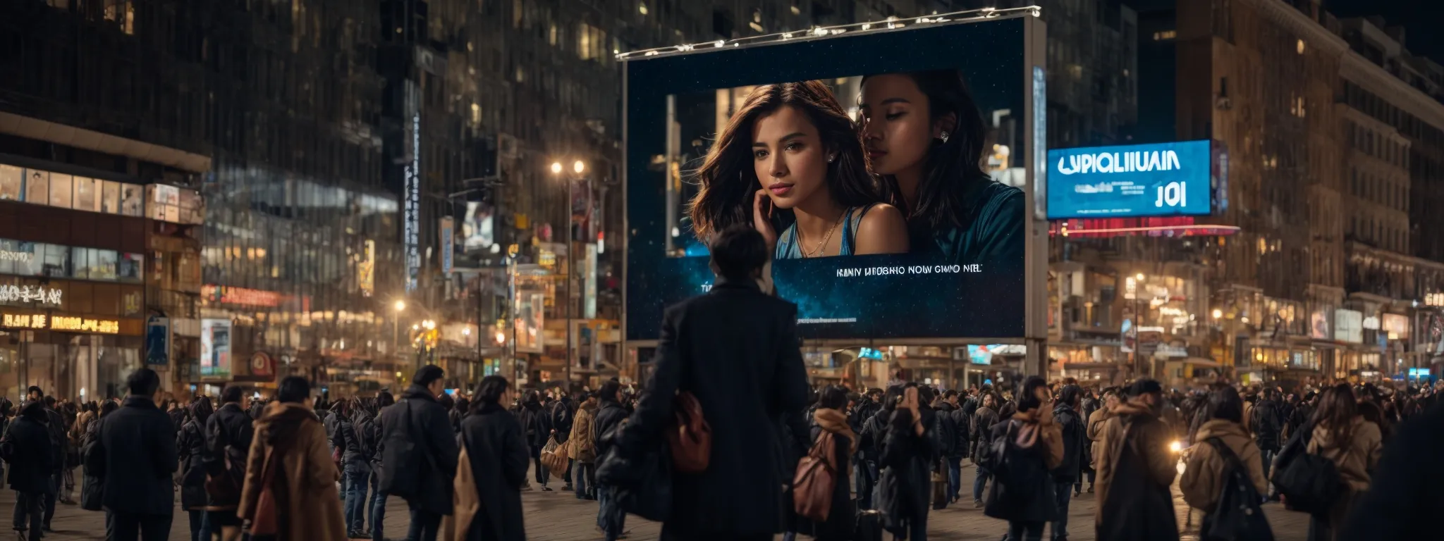 a celebrity appears on a vibrant billboard, promoting a new product in a bustling city square at night.