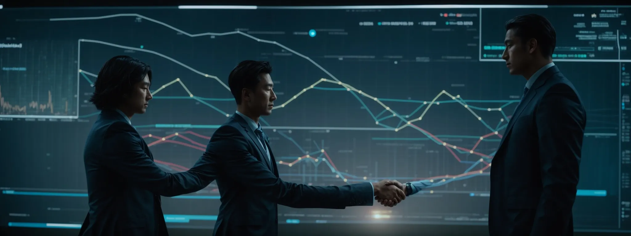 two professionals shaking hands in front of a large digital screen displaying futuristic interface and analytics graphics.