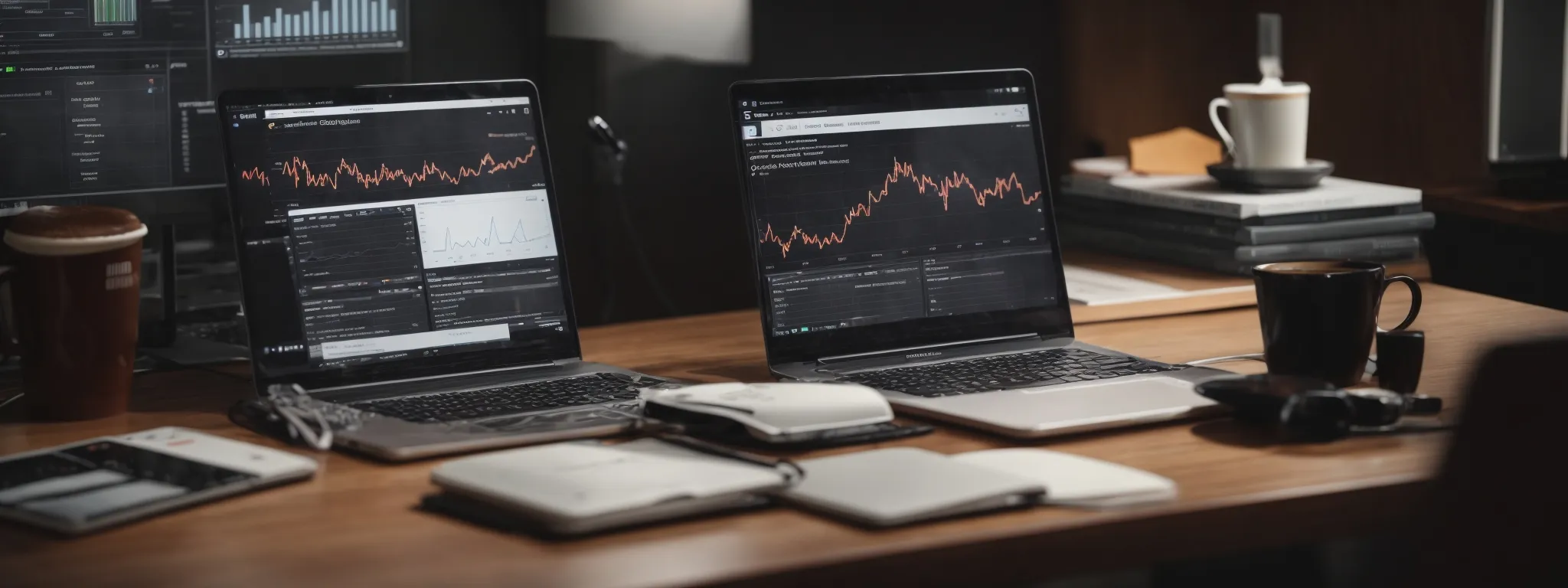 a laptop displaying graphs and charts on search engine optimization next to a coffee cup on a desk.