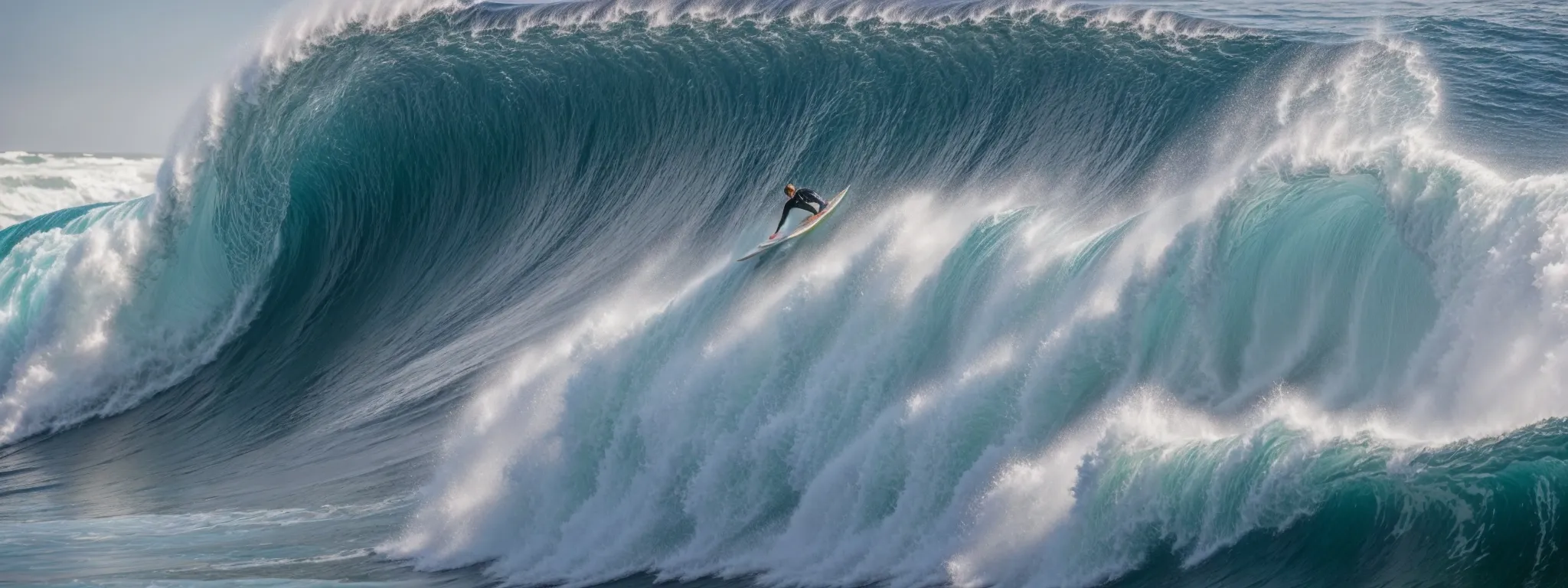 a surfer rides a towering ocean wave effortlessly, embodying the dynamic fusion of skill and natural force.